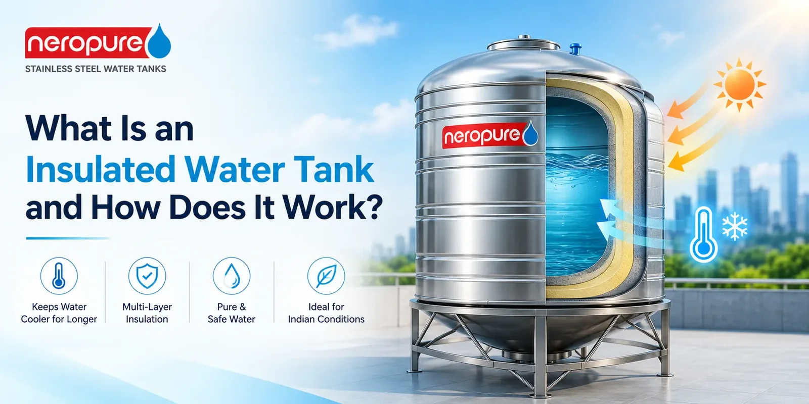 Cutaway of a Neropure insulated stainless steel water tank showing the insulation layer between the inner and outer shells