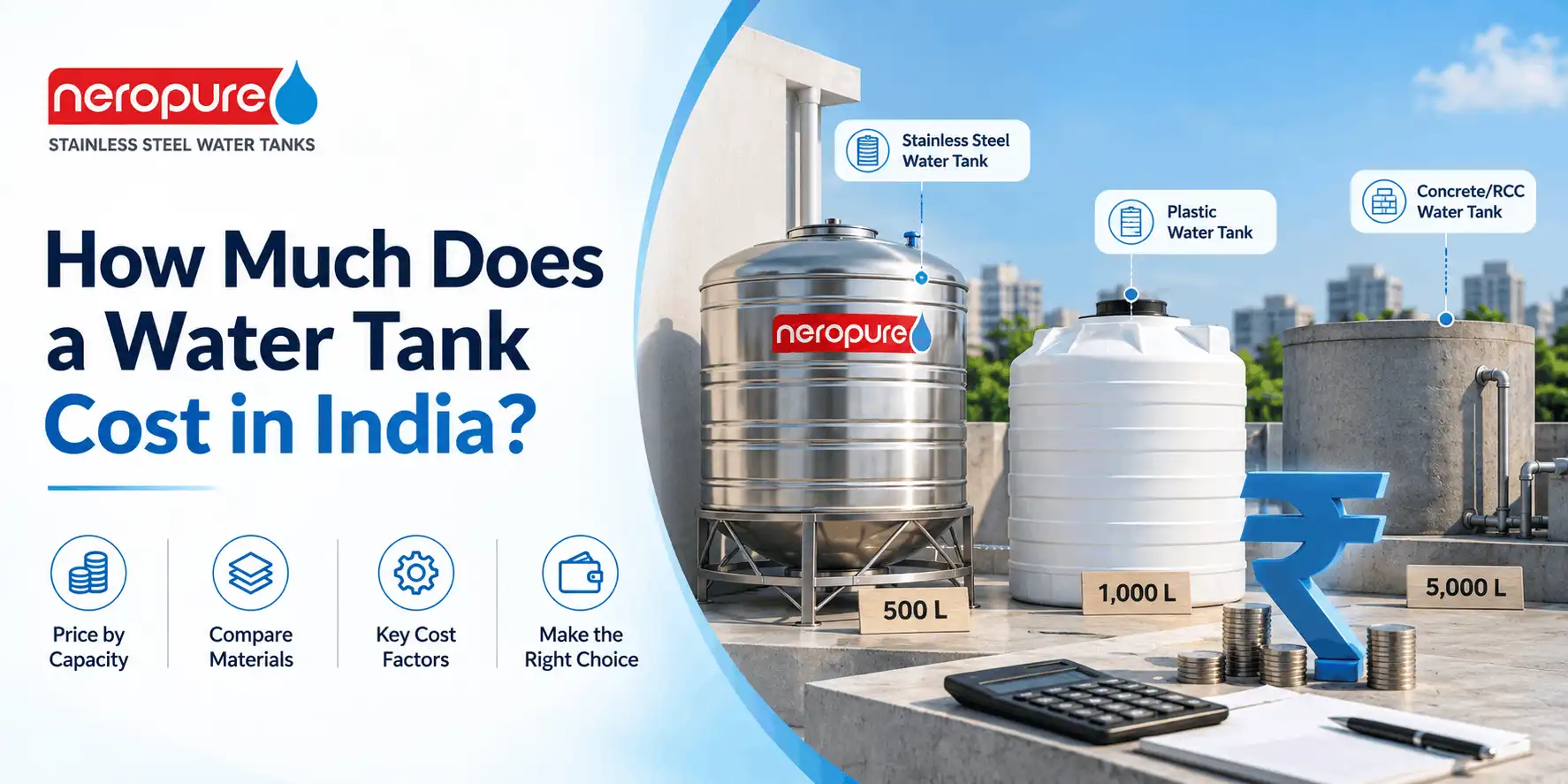 How much does a water tank cost in India? Neropure guide comparing stainless steel, plastic and concrete water tanks, capacities and cost factors
